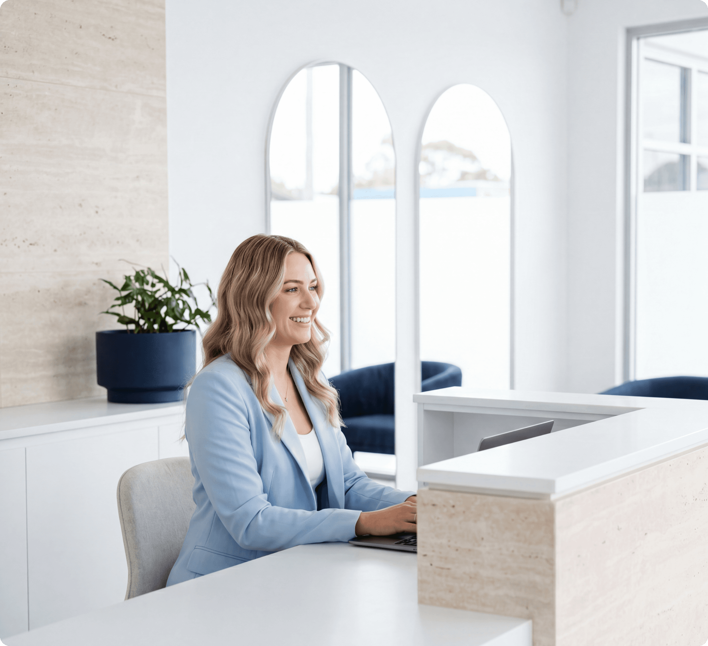 Business owner at reception desk